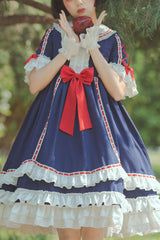 Dark Blue Short Sleeves Hime Sleeves Bowknot Multi-Layer Classic Lolita Jsk Dress - blue - 1