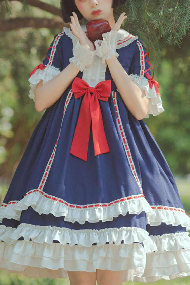 Dark Blue Short Sleeves Hime Sleeves Bowknot Multi-Layer Classic Lolita Jsk Dress - blue - 1