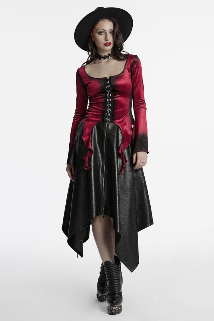 Red Long Sleeves Gradient Irregular Women's Gothic Blouse - Product - 4