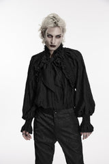 Black Stand Collar Long Lantern Sleeves Bow Lace Pleated Men's Gothic Shirt - Product - 6