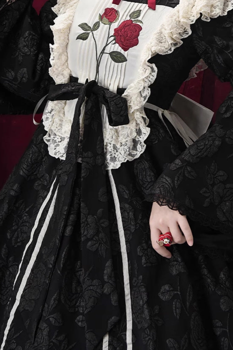 Black [Rose Choir] Double-Layered Ruffle Embroidery Bowknot Lace Gothic Elegant Nun Lolita Dress - Product - 13