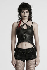 Black Halterneck Sleeveless Lace-Up Plunging Irregular Women's Punk Vest - Black - 1