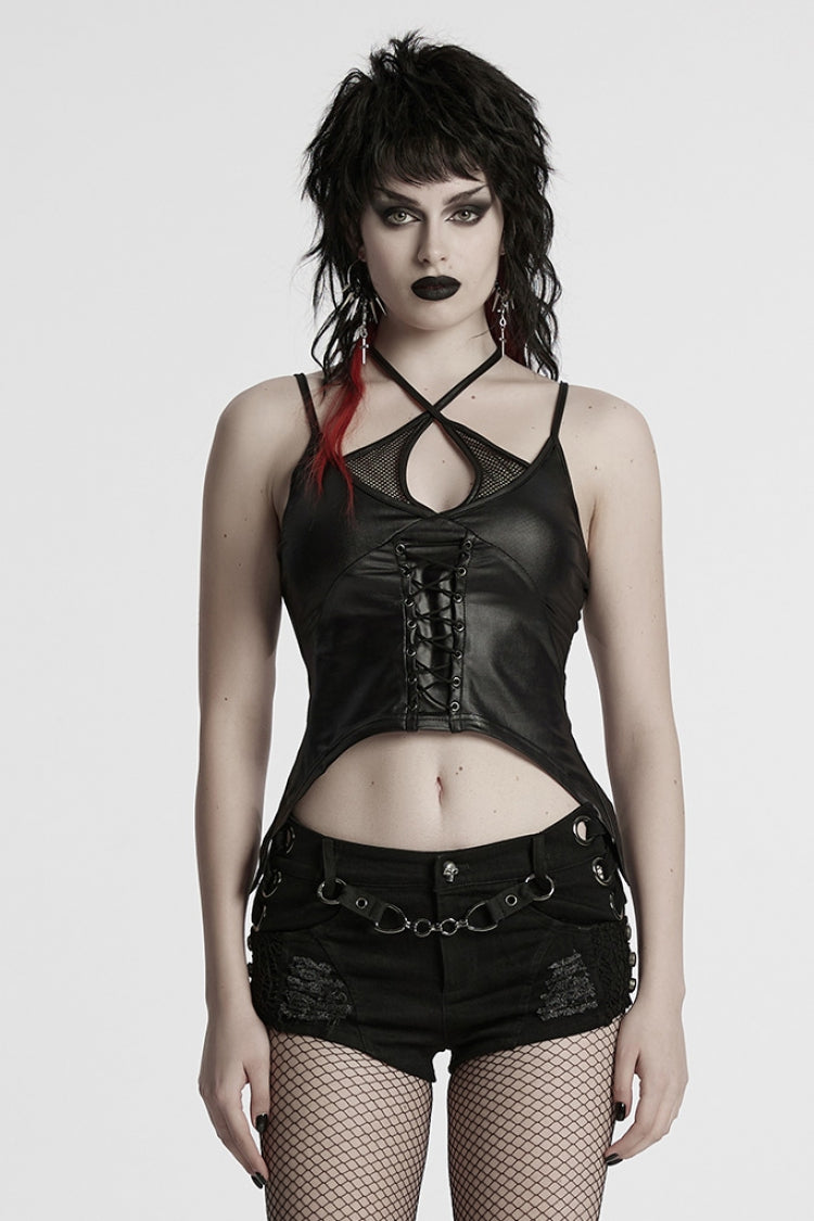 Black Halterneck Sleeveless Lace-Up Plunging Irregular Women's Punk Vest - Black - 1