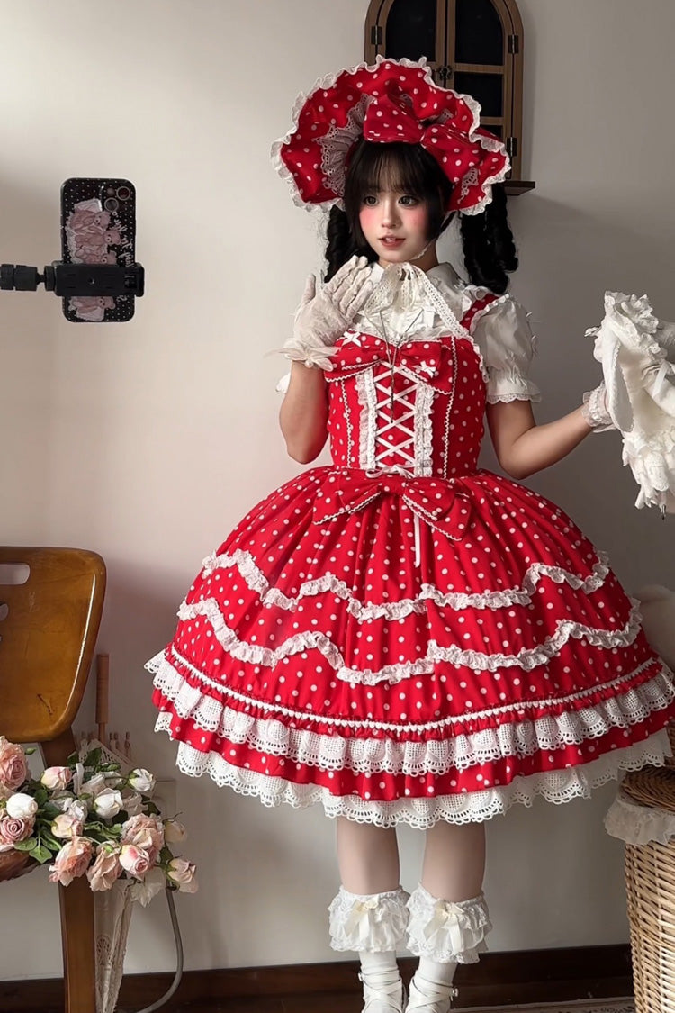 Red Polka Dots Print Ruffle Bowknot Lace-Up Sweet Lolita Dress - Product - 5