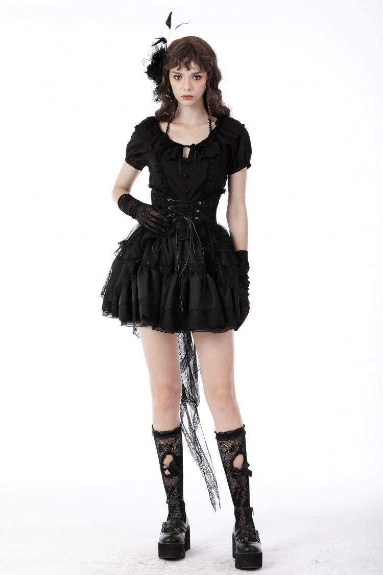 Black Lace-Up Multi-Layered Lace Women's Gothic Fishtail High Low Tunic Skirt - Product - 6