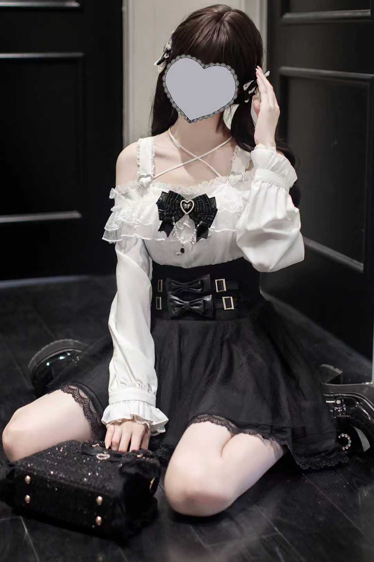 Black Solid Color Bowknot Sweet Jirai Kei Japanese Skirt - Product - 4