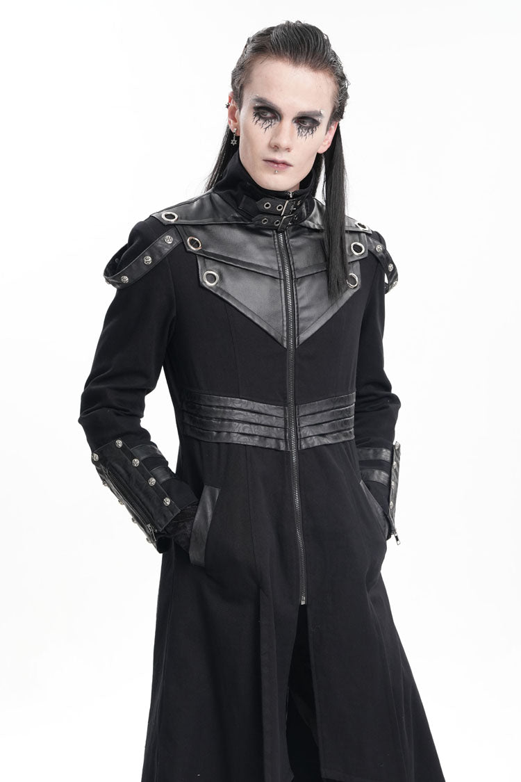 Black Stand Collar Eyelets Buckle-up Ring Long Sleeves Stitching Men's Gothic Coat - Product - 11