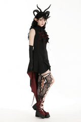 Black/Red Contrast Color Women's Gothic Ruffled Stand Collar Jabot Sleeveless Halloween Tail Dress - Product - 9