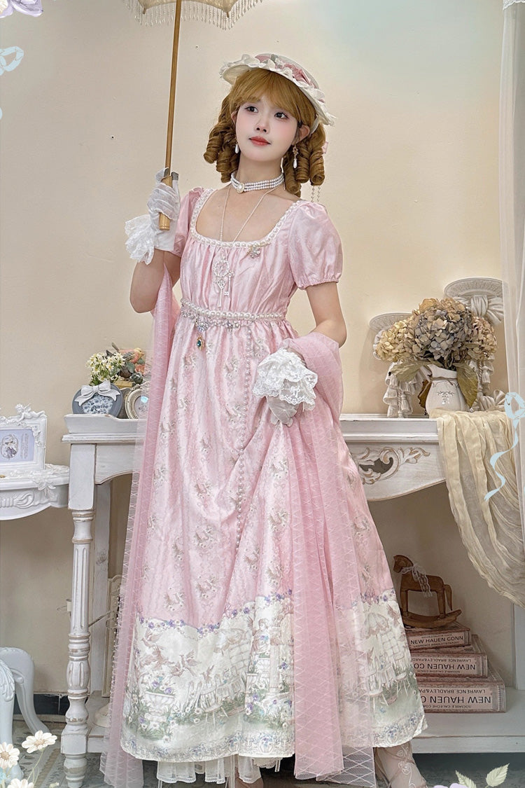 Pink [Spring of Nai] Square Collar Short Sleeves Print Pearl Sweet Elegant Lolita Dress - Pink - 1