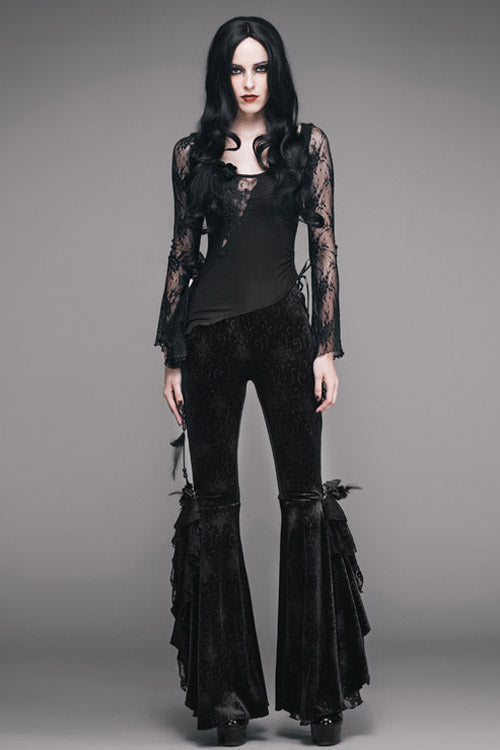 Black Gothic Lace Hem Embossed Velvet Flare Womens Pants - Product - 3