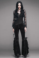 Black Gothic Lace Hem Embossed Velvet Flare Womens Pants - Product - 3