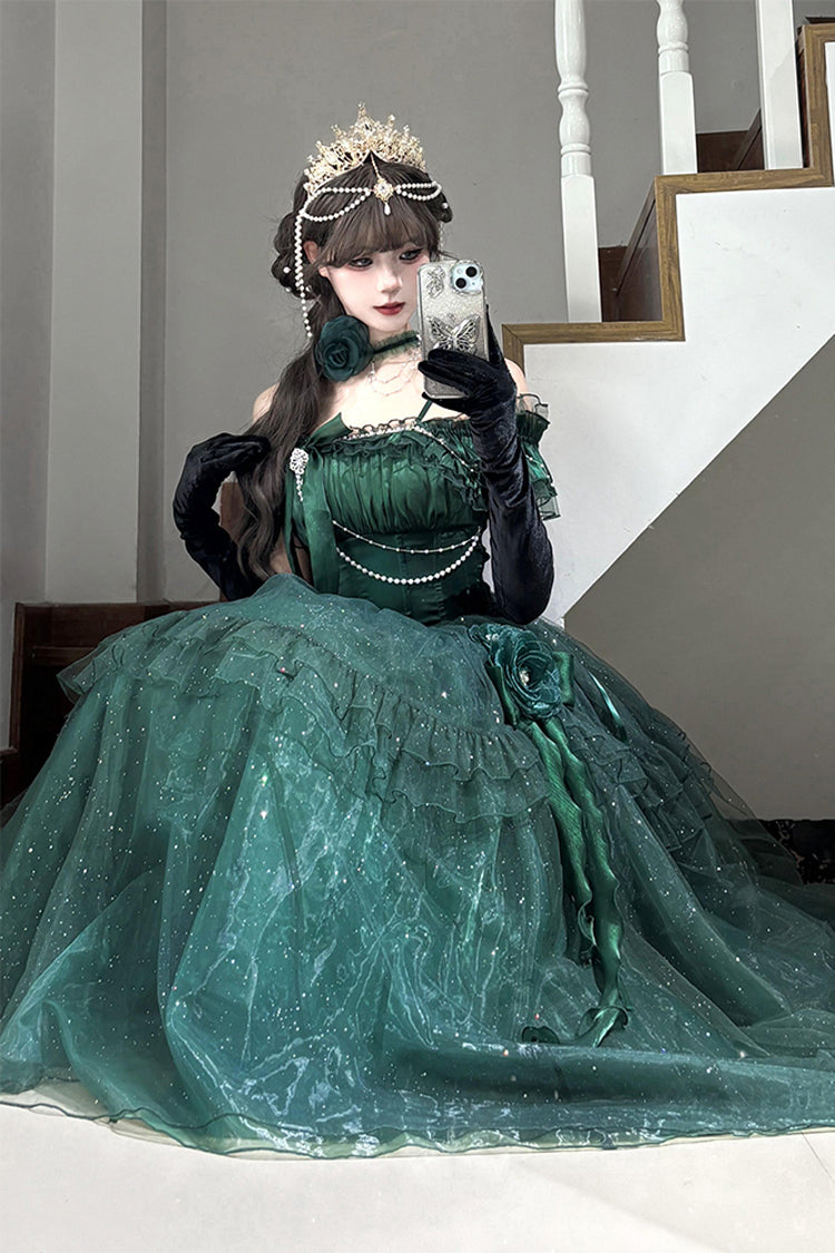 Green [Bright Stars] Off Shoulder Ruffle Bowknot Asymmetric Sweet Elegant Princess Lolita Dress - Product - 2