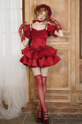 Rotes Duett, ärmellos, doppellagig, mit Rüschen, Schleife, süß, elegant, wunderschön (Set), Vorderansicht