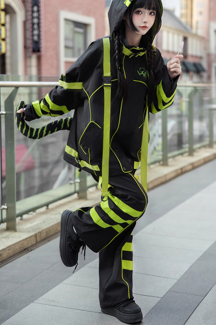 Yellow/Green/Black Long Sleeves Print Cat Ears Hooded Jirai Kei Handsome Coat - Product - 5