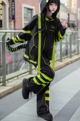 Yellow/Green/Black Long Sleeves Print Cat Ears Hooded Jirai Kei Handsome Coat - Product - 5