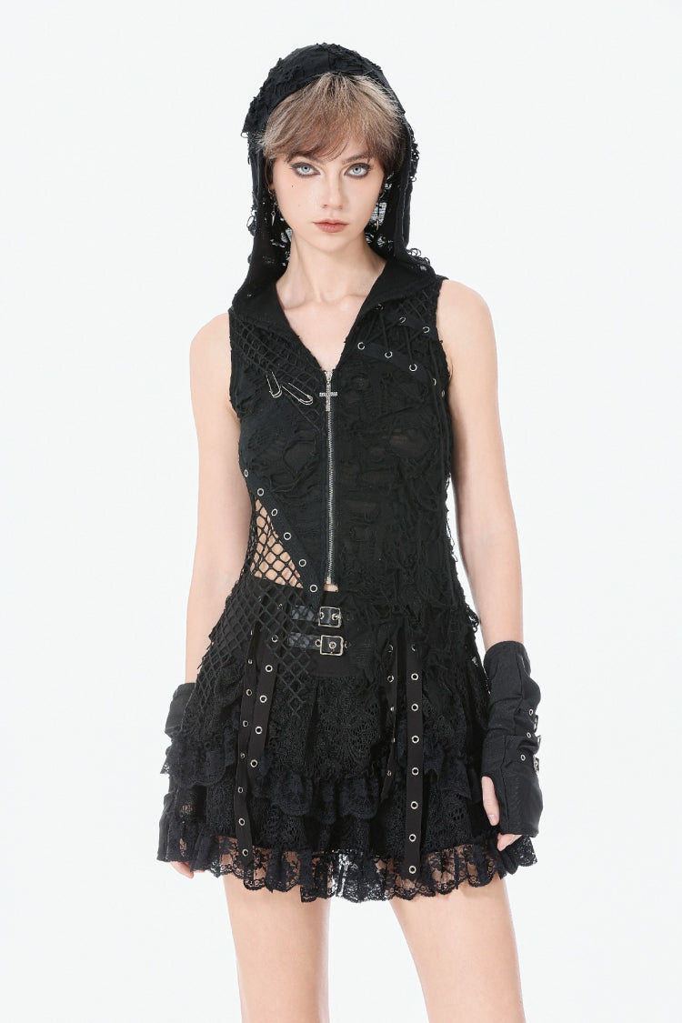 Black Sleeveless Mesh Ripped Asymmetric Zippered Eyelet Women's Punk Hooded Top - Black - 1