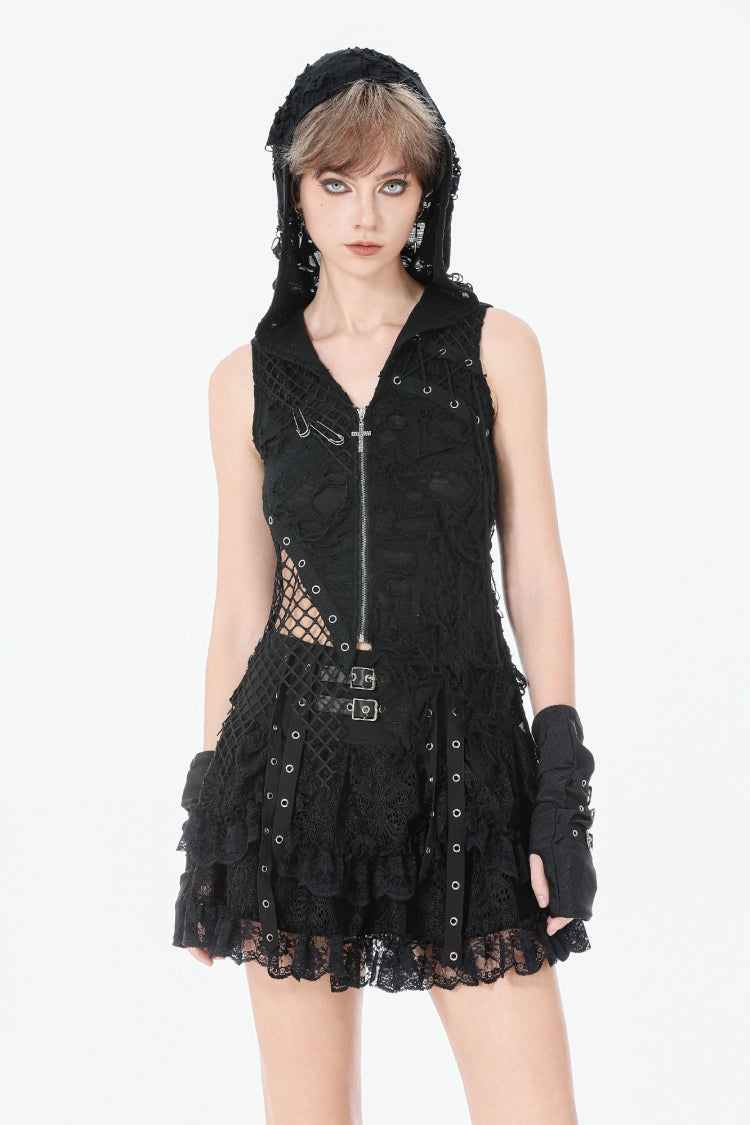 Black Sleeveless Mesh Ripped Asymmetric Zippered Eyelet Women's Punk Hooded Top - Black - 1