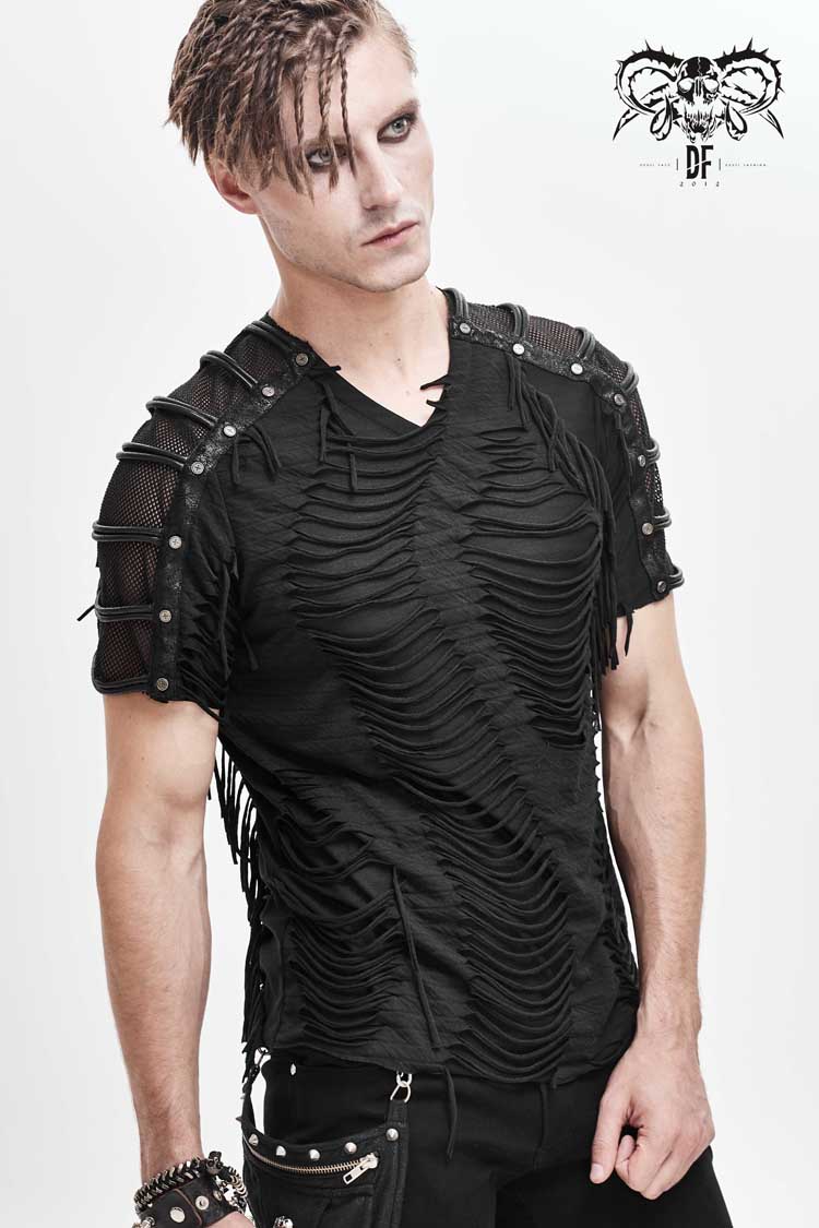 Black Tattered Striped Shoulder Splice Mesh Short Sleeve Men's Punk T-Shirt - Product - 2