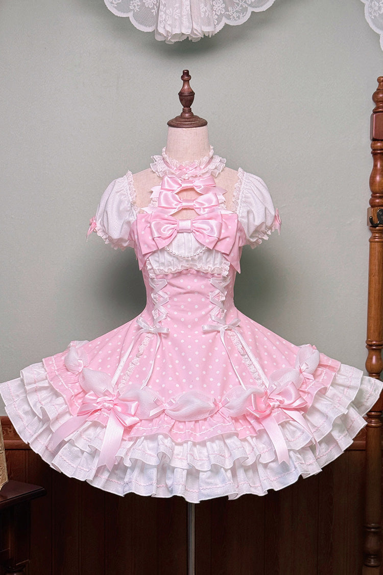 Pink Halterneck Short Sleeves Triple-Layered Polka Dot Printed Bow Lace-Up Sweet Lolita Dress - Pink - 1