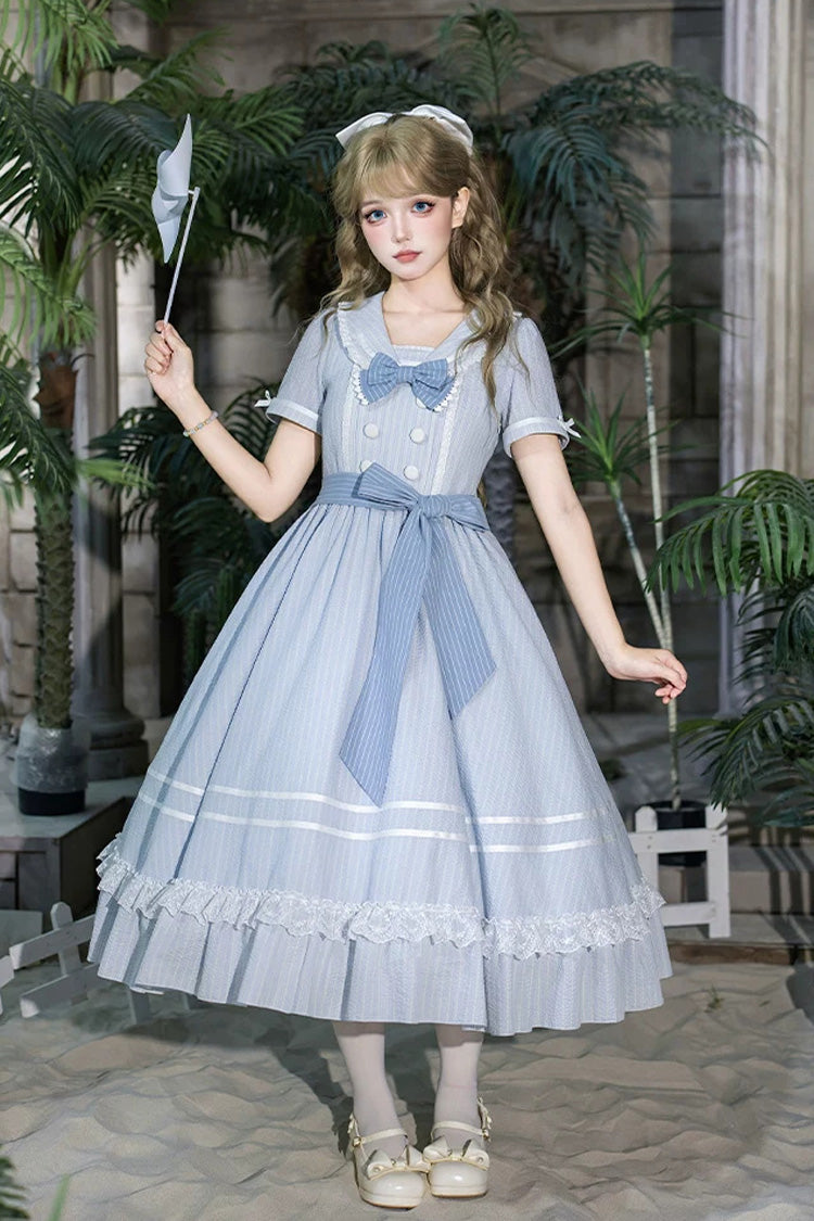 Blue [Seven Day Bell] Navy Collar Short Sleeves Printed Ruffled Bow Sweet Lolita Dress 2 Versions - Blue(Long-Version) - 19