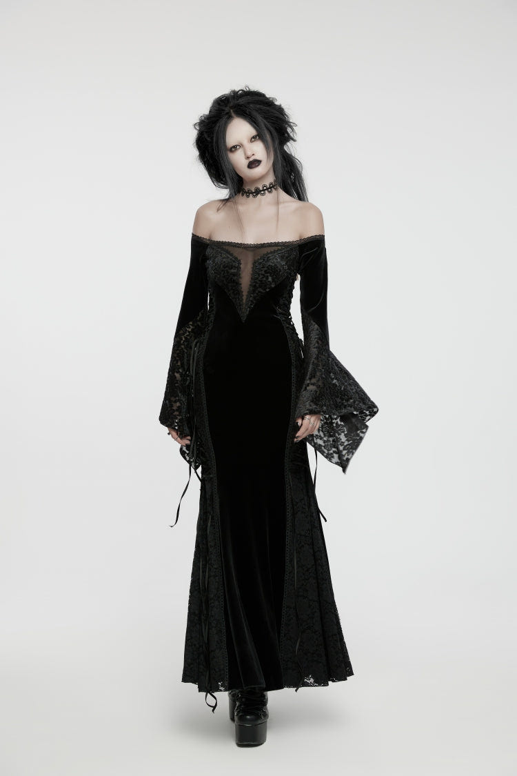 Black Off Shoulder Long Trumpet Sleeves Embroidered Spliced Lace Lace-Up Women's Gothic Gorgeous Palace Strapless Velvet Dress - Product - 5