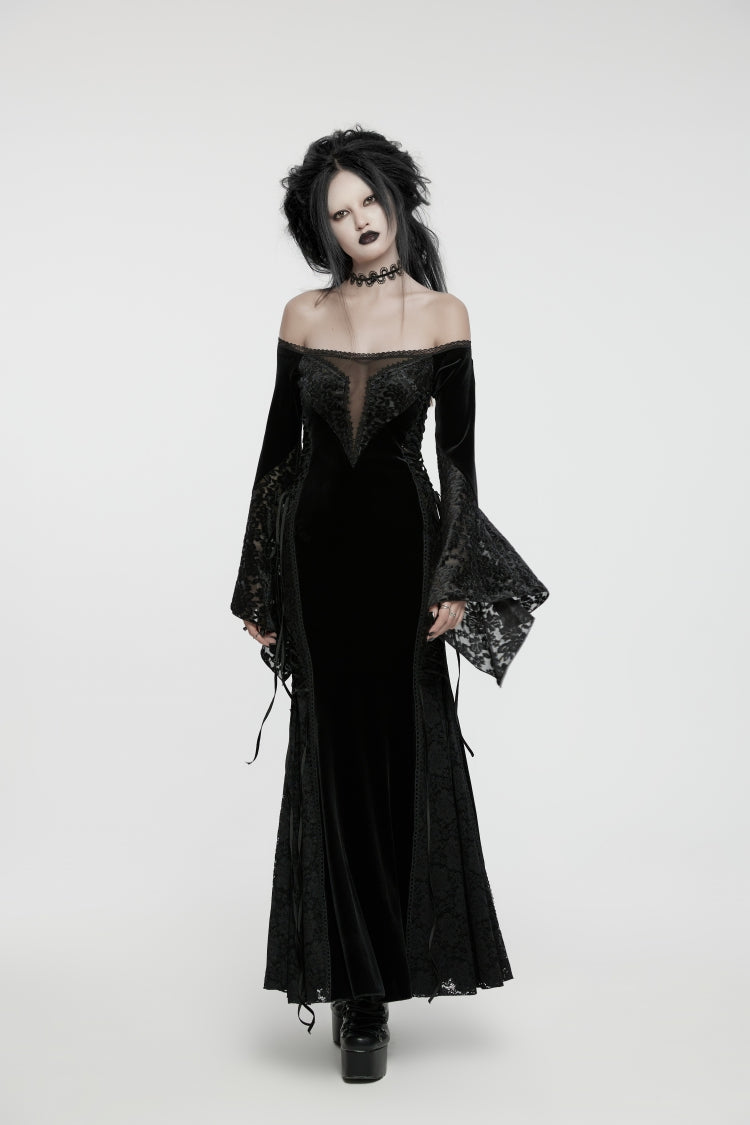 Black Off Shoulder Long Trumpet Sleeves Embroidered Spliced Lace Lace-Up Women's Gothic Gorgeous Palace Strapless Velvet Dress - Product - 5