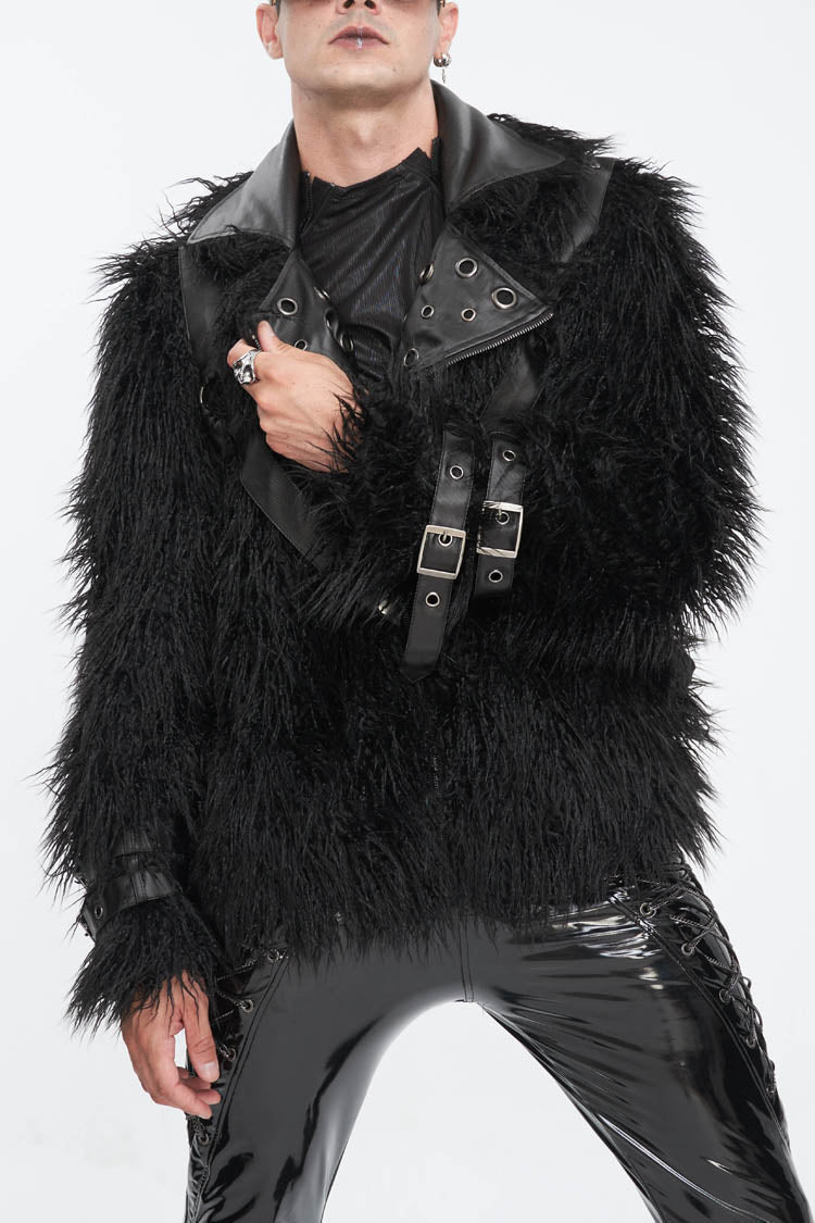 Black Lapel Collar Collar Faux Fur Men's Punk Jacket - Black - 1