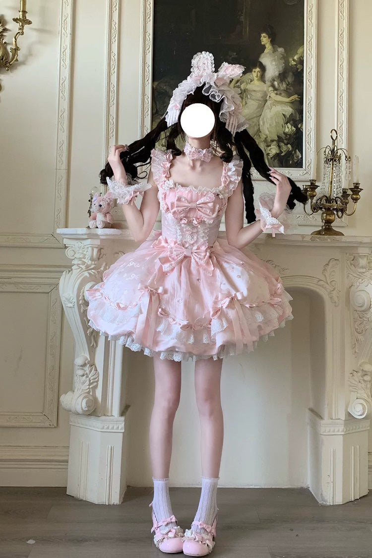 Pink [Sakura Bunny Ballad] Square Collar Flutter Sleeves Jacquard Ruffled Bow Lace Sweet Elegant Luxurious Short Lolita Jsk Dress - Product - 9