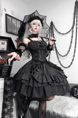 Black [Butterfly Officer] Triple-Layered Ruffle Bowknot Lace-Up Gothic Lolita Skirt Set - Product - 4