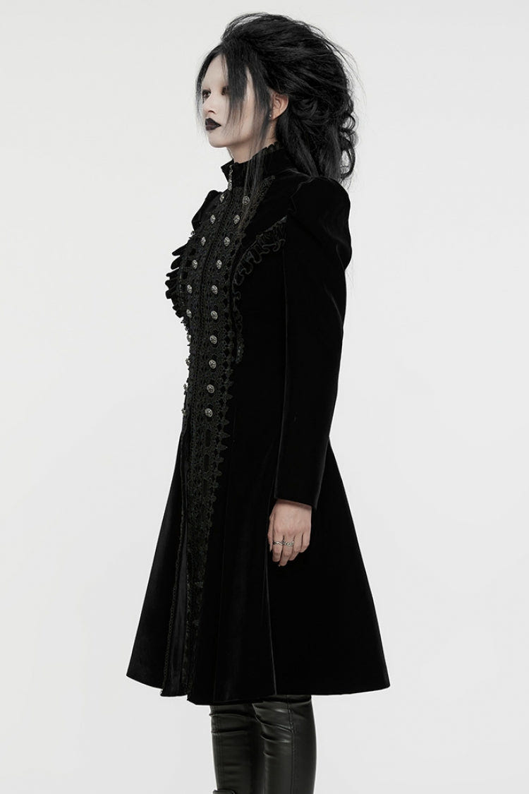 Black Long Puff Sleeves Floral Embroidery Women's Gothic Coat - Product - 2