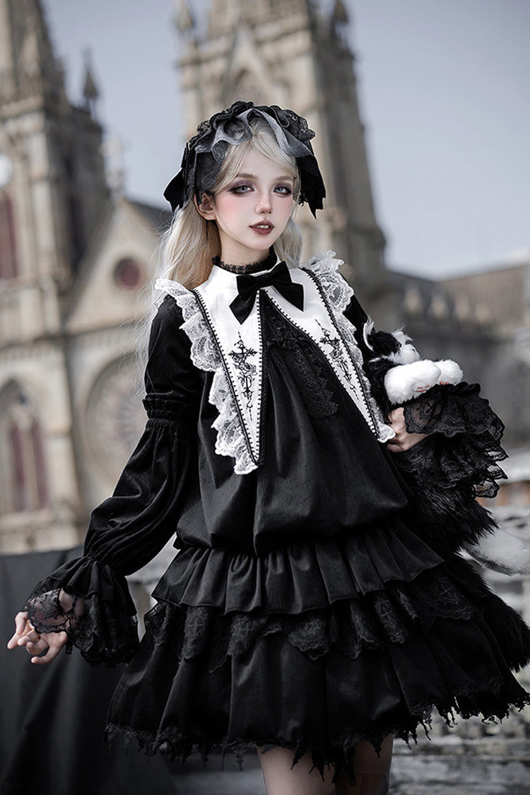 Black [Songs of Dawn and Dusk] Long Lantern Sleeves Multi-Layered Ruffled Bow Adjustable Drawstring Hem Nun Gothic Lolita Dress Set - Product - 4