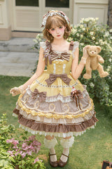 Yellow/Brown [Polka Dot Cake] Multi-Layered Printed Ruffled Bow Sweet Lolita OP Dress - Product - 2