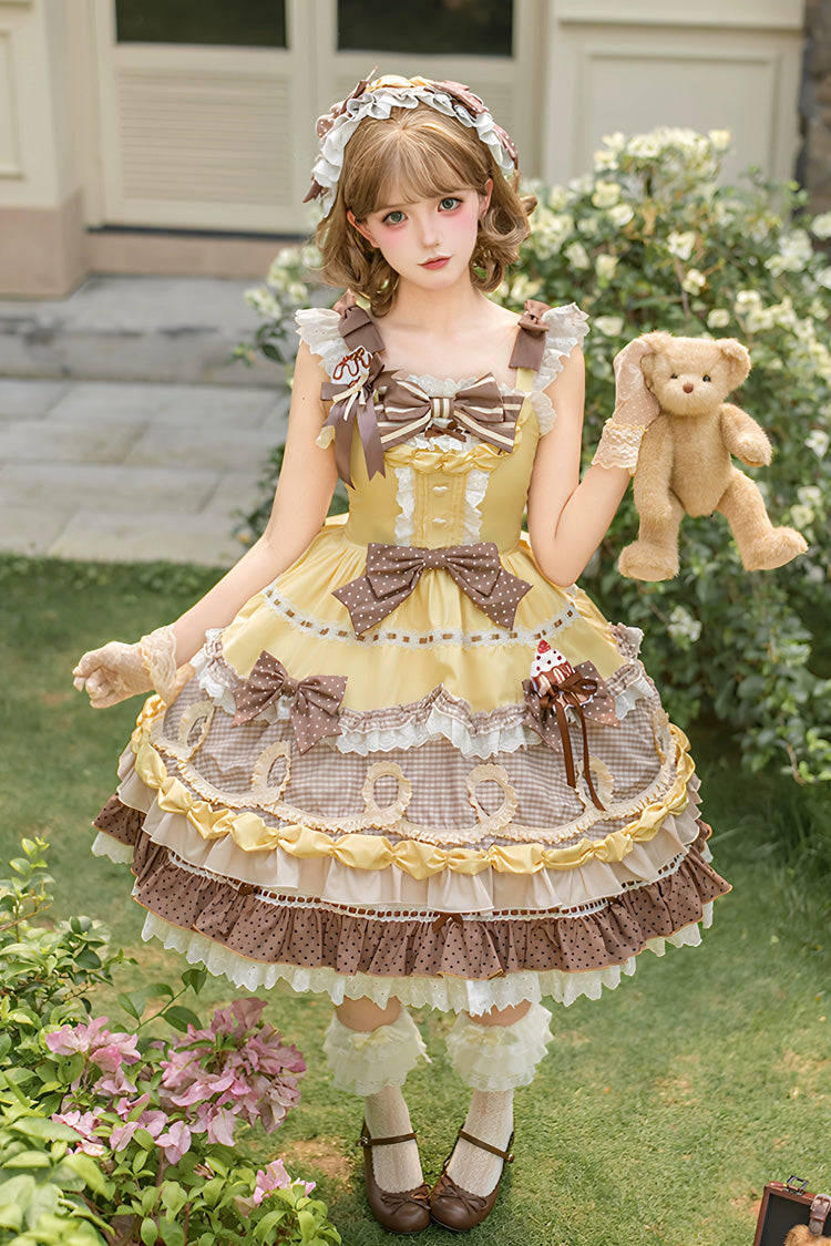 Yellow/Brown [Polka Dot Cake] Multi-Layered Printed Ruffled Bow Sweet Lolita OP Dress - Product - 2