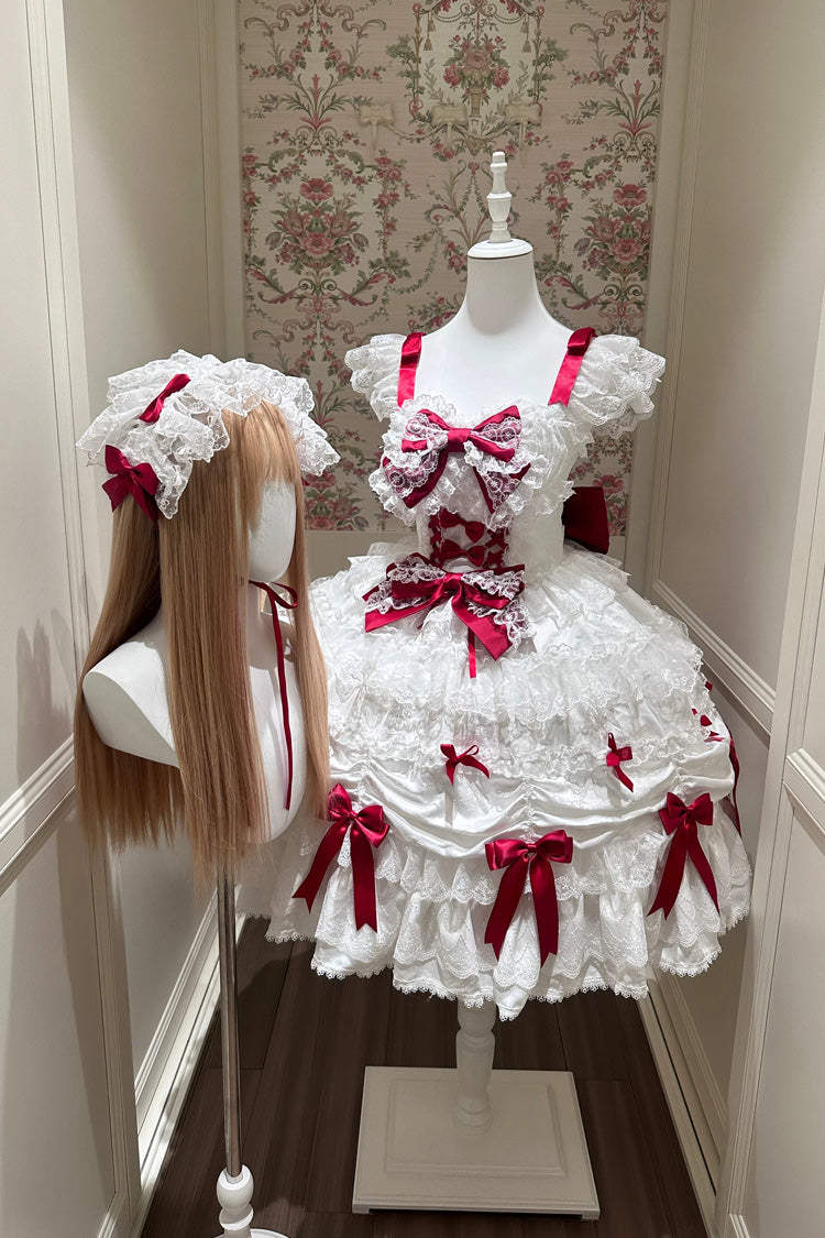 White/Red [Silk Satin Gift Box] Square Collar Sleeveless Multi-Layered Ruffled Bow Lace Sweet Lolita Jsk Dress - Product - 2