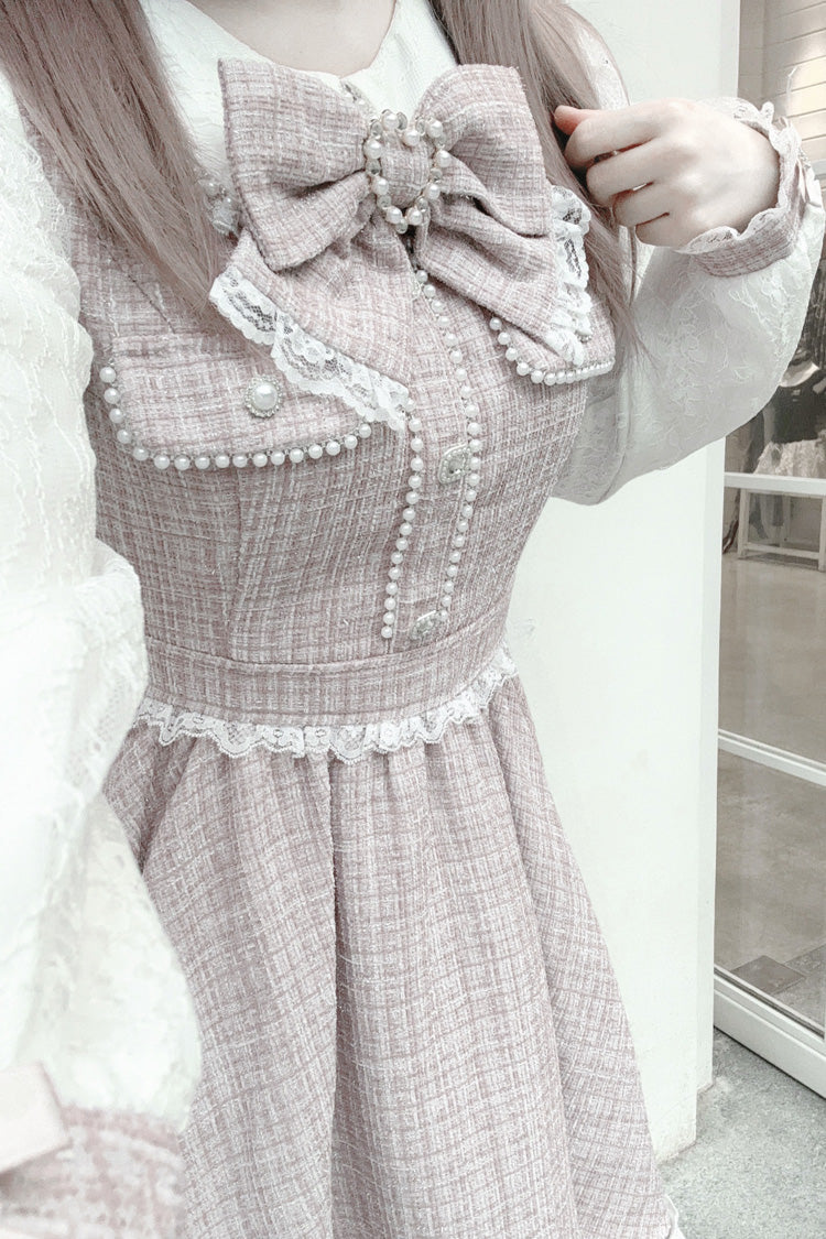 Grey/Pink Long Sleeves Bowknot Lace Pearl Sweet Jirai Kei Dress - Product - 5