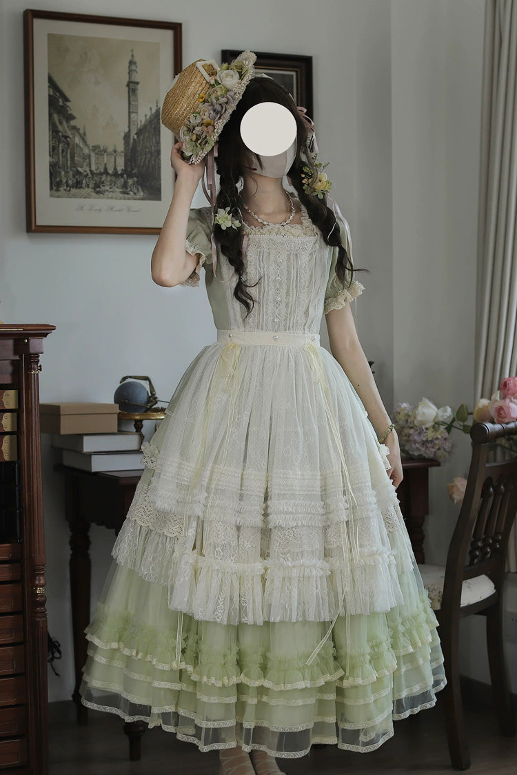 Muscat Green [Vintage Ball 3.0] Square Collar Short Sleeves Lace Pearl Detail Sweet Lolita Dress - Product - 14