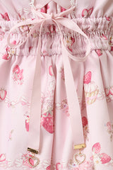 Pink [Creamy Berry] Print Short Puff Sleeves Ruffle Bowknot Lace-Up Sweet Jirai Kei Japanese Dress - Product - 5