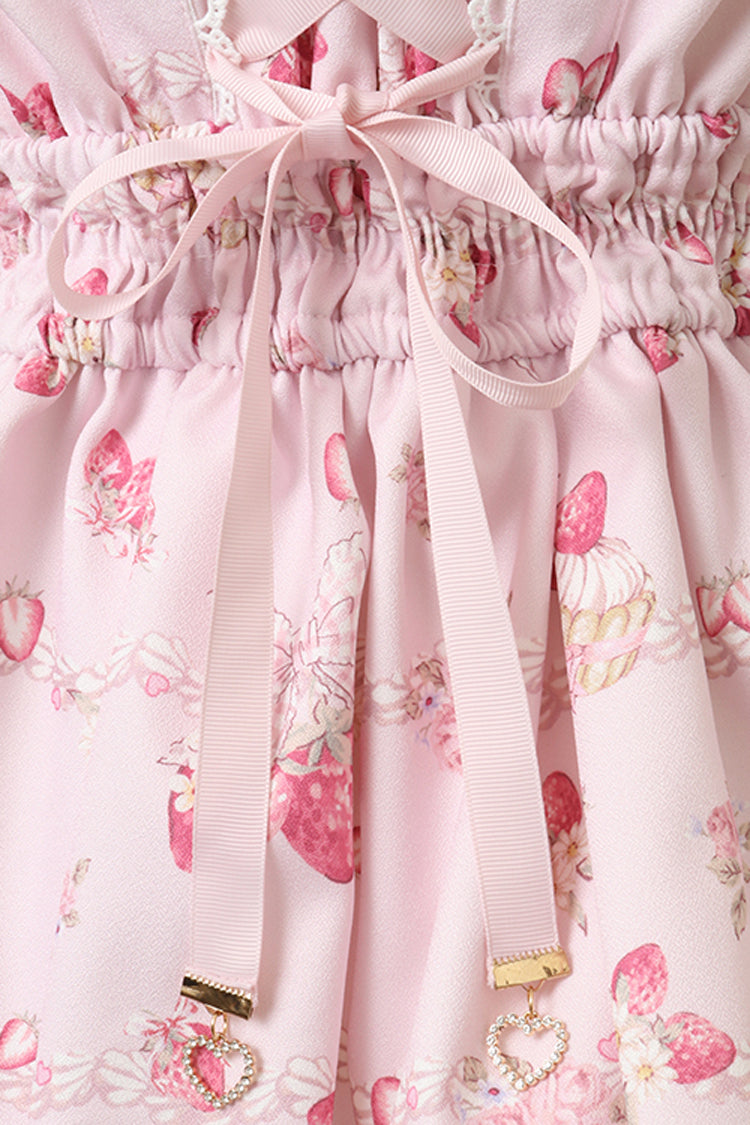 Pink [Creamy Berry] Print Short Puff Sleeves Ruffle Bowknot Lace-Up Sweet Jirai Kei Japanese Dress - Product - 5