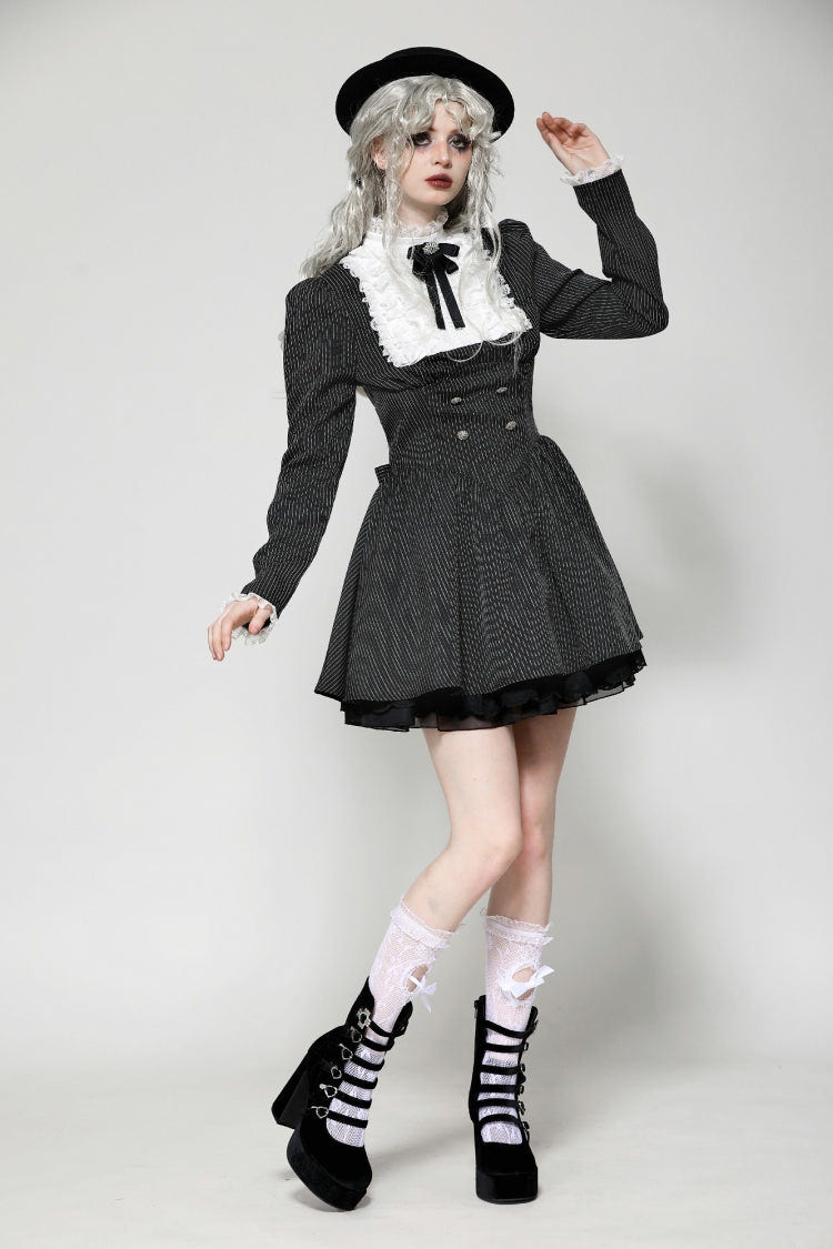 Black/White Striped Ruffled Lace Stand Collar Bow Long Sleeves Lace-Up Women's Gothic Lolita Graduation Dress - Product - 6