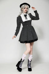Black/White Striped Ruffled Lace Stand Collar Bow Long Sleeves Lace-Up Women's Gothic Lolita Graduation Dress - Product - 6