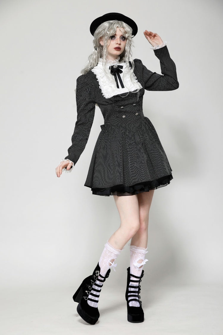 Black/White Striped Ruffled Lace Stand Collar Bow Long Sleeves Lace-Up Women's Gothic Lolita Graduation Dress - Product - 6