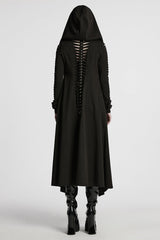 Black Long Sleeves Hooded Ripped Buckle Women's Punk Long Coat - Product - 3