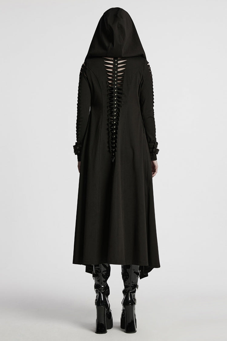 Black Long Sleeves Hooded Ripped Buckle Women's Punk Long Coat - Product - 3