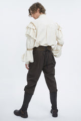 Beige Stand Collar Lantern Sleeves Multi-layer Ruffle Men's Gothic Blouse - Product - 4