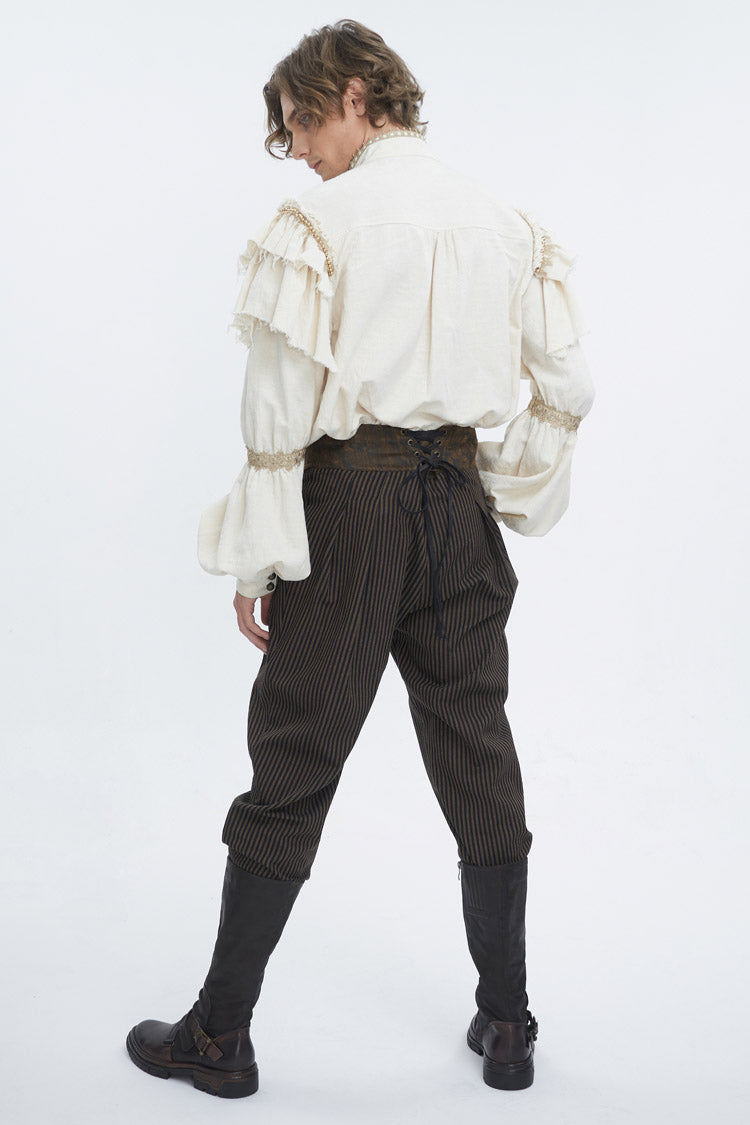 Beige Stand Collar Lantern Sleeves Multi-layer Ruffle Men's Gothic Blouse - Product - 4