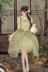 [Fragrance] Stand Collar Short Sleeves Multi-Layered Printed Ruffled Bow Lace Irregular Chinese Style Sweet Lolita Dress 2 Colors (Green, Pink) - Product - 14