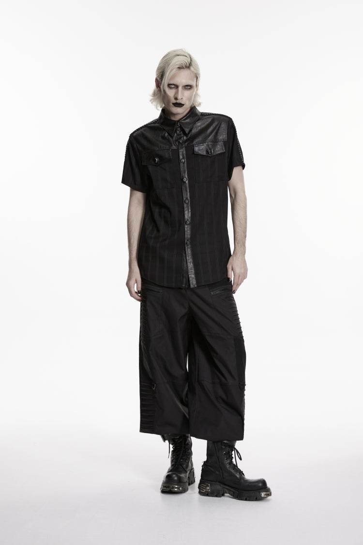 Black Lapel Collar Short Sleeves Spliced Men's Punk Shirt - Product - 5