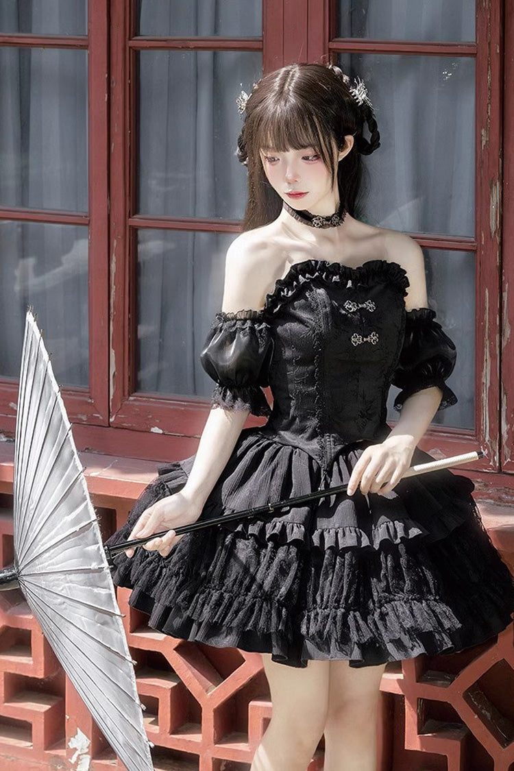 Black Bamboo Dream Multi-layer Dark Pattern Print Ruffle Gothic Lolita Skirt Set - Product - 8