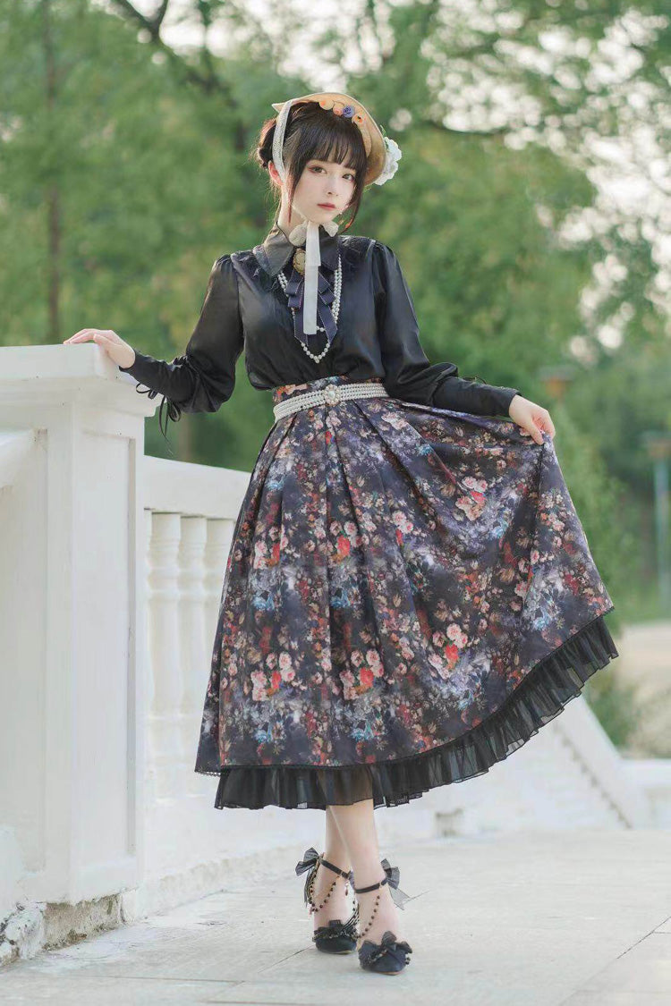 Black [Afternoon Tea] Floral Printed Ruffled Gothic Lolita Skirt - Product - 3