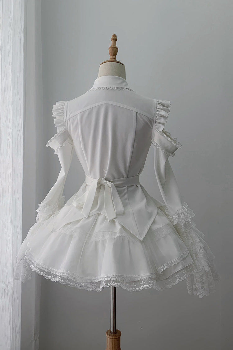 White [Snowy Night Princess] Lapel Collar Long Hime Sleeves Ruffled Bow Lace Gothic Jirai Kei Japanese Skirt Set - Product - 2